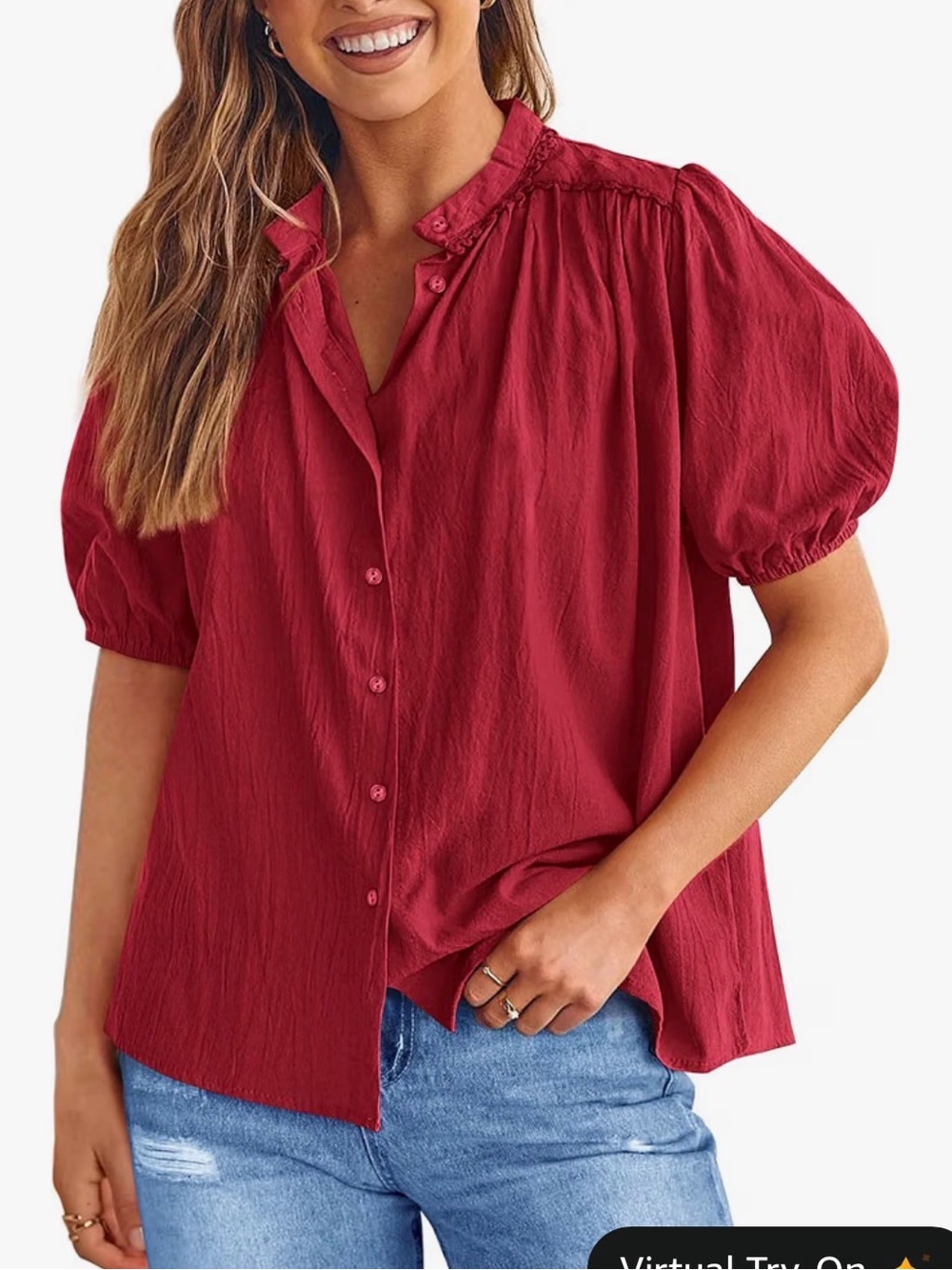 Pretty Garden Red Puff Sleeve Blouse Size XXL Like New